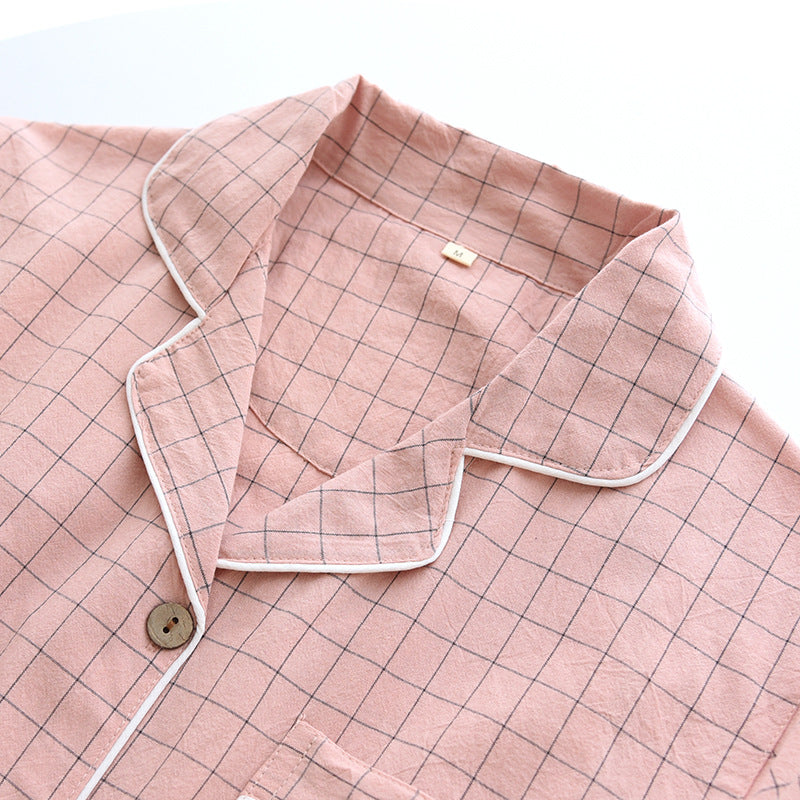 Spring New Couple Pajamas Two-Piece Plaid Short-Sleeved Shorts 100% Cotton Gauze Sleepwear