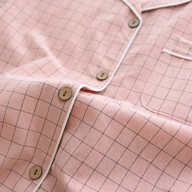 Spring New Couple Pajamas Two-Piece Plaid Short-Sleeved Shorts 100% Cotton Gauze Sleepwear