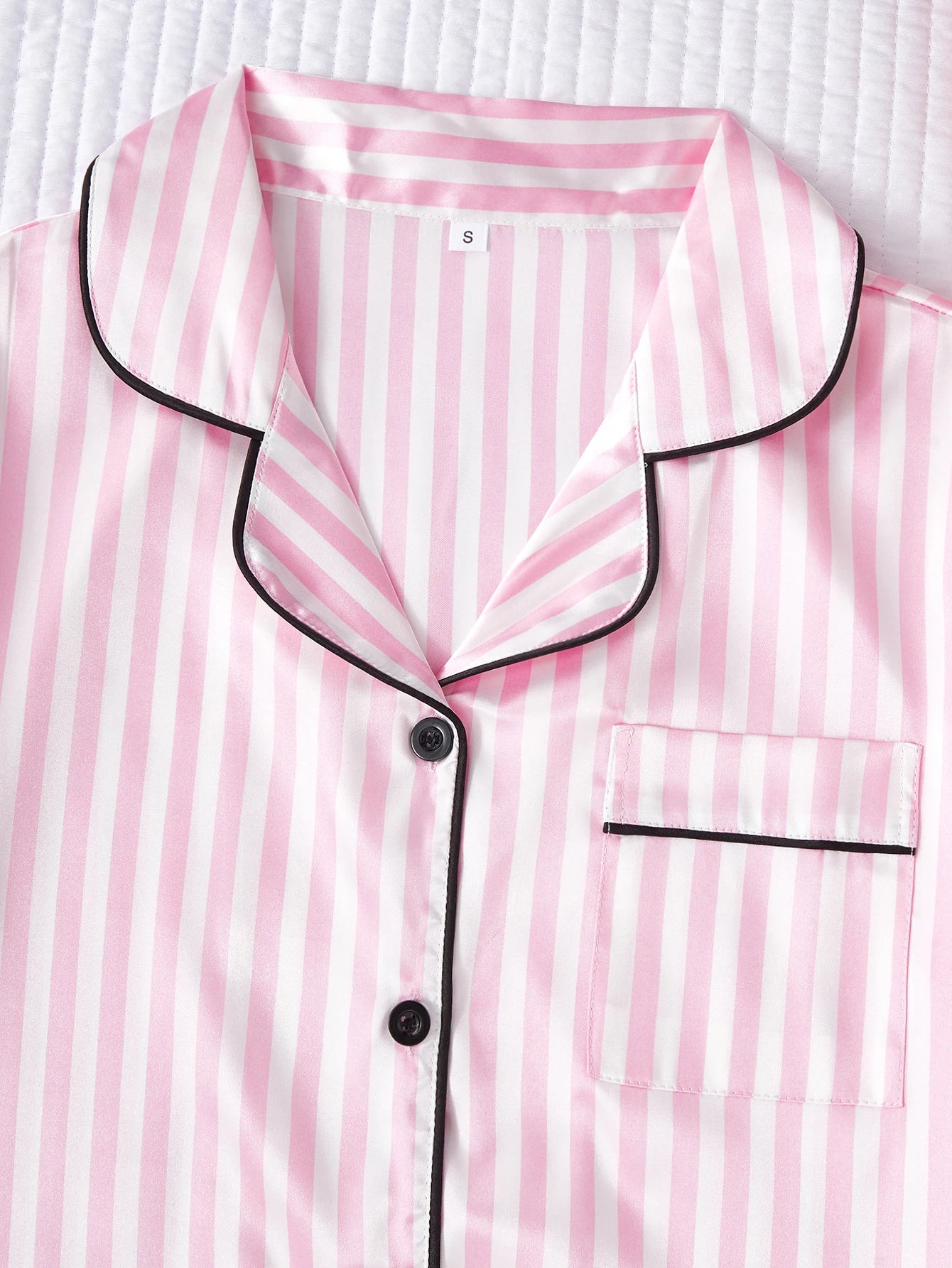 Satin Comfortable Soft Short Sleeve Striped Elastic Waist Loungewear