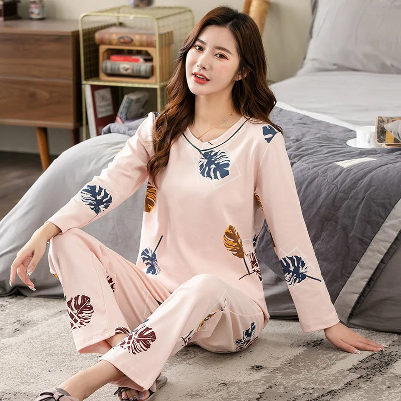 V-Neck Long Sleeve Floral Print Nightwear Cotton Sleepwear