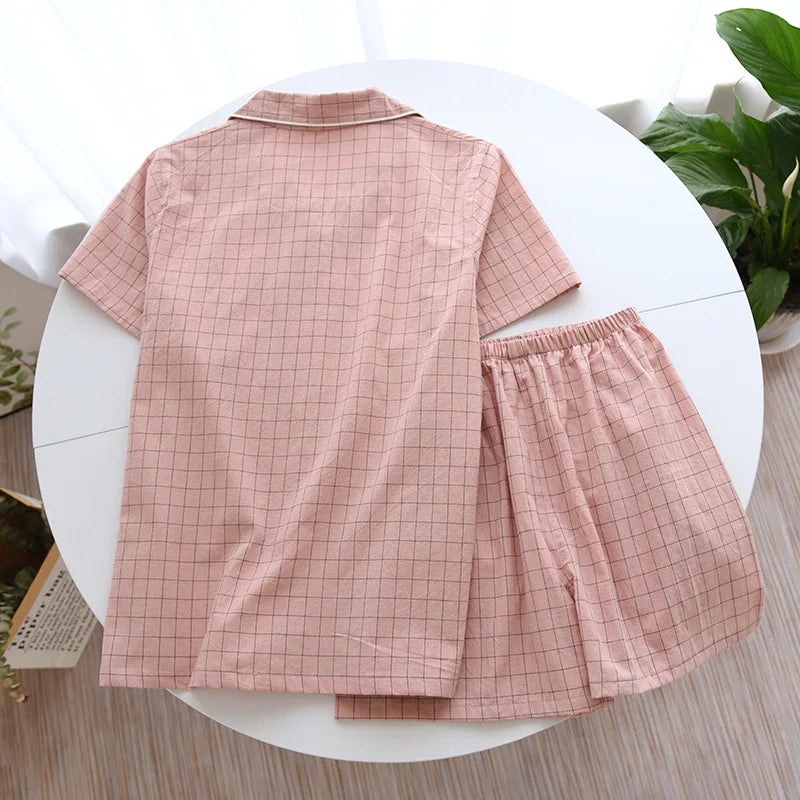 Spring New Couple Pajamas Two-Piece Plaid Short-Sleeved Shorts 100% Cotton Gauze Sleepwear