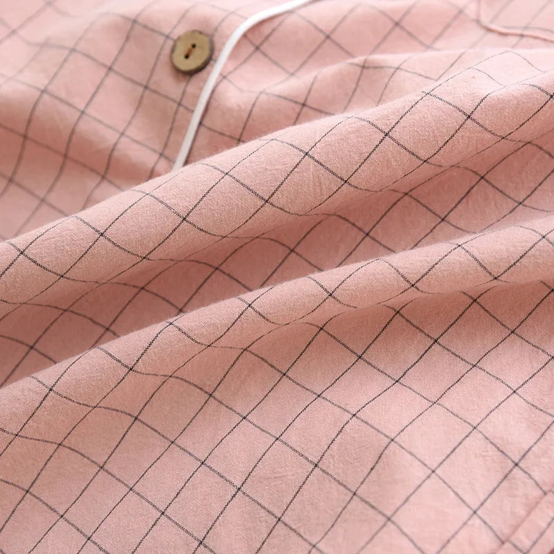 Spring New Couple Pajamas Two-Piece Plaid Short-Sleeved Shorts 100% Cotton Gauze Sleepwear