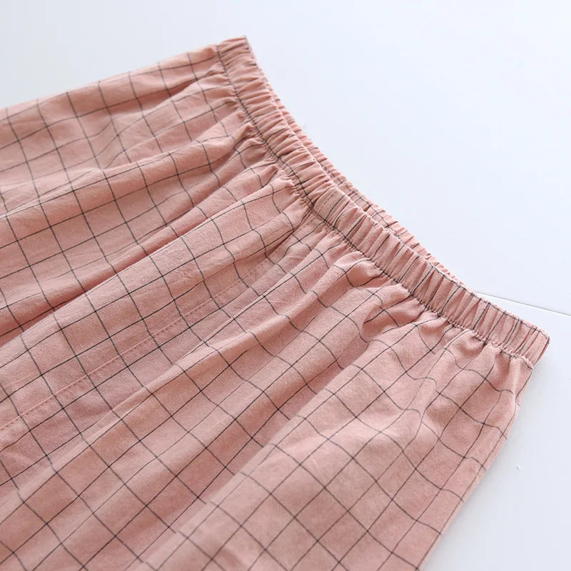 Spring New Couple Pajamas Two-Piece Plaid Short-Sleeved Shorts 100% Cotton Gauze Sleepwear