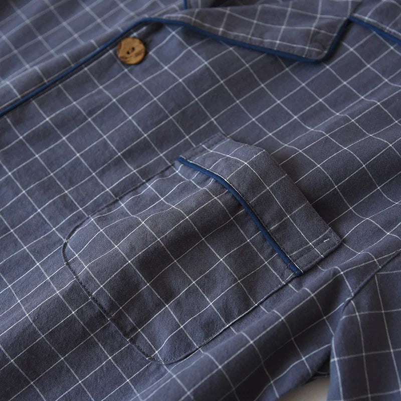 Spring New Couple Pajamas Two-Piece Plaid Short-Sleeved Shorts 100% Cotton Gauze Sleepwear