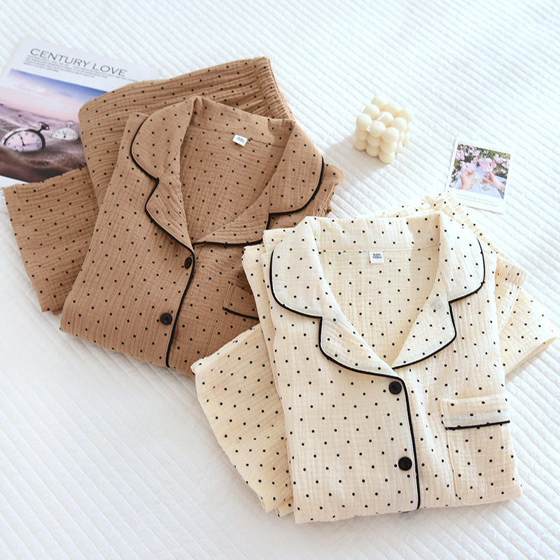 Women's Cute Polka Dot 100% Cotton Crepe Long-sleeved Trousers Two-piece Pajama Set