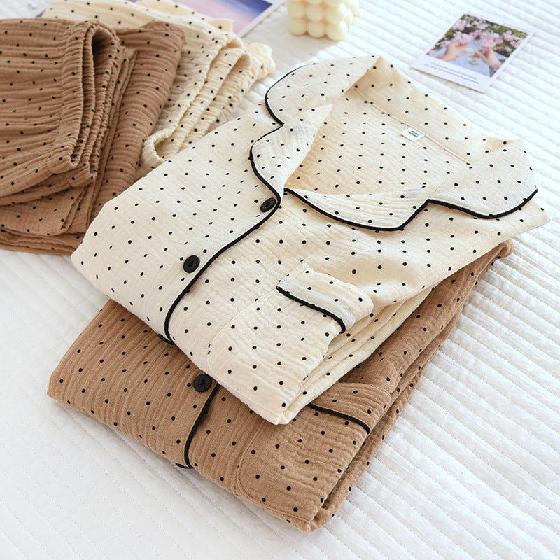 Women's Cute Polka Dot 100% Cotton Crepe Long-sleeved Trousers Two-piece Pajama Set