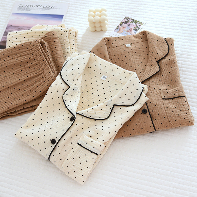 Women's Cute Polka Dot 100% Cotton Crepe Long-sleeved Trousers Two-piece Pajama Set