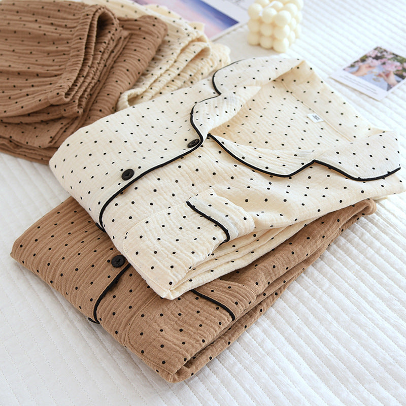 Women's Cute Polka Dot 100% Cotton Crepe Long-sleeved Trousers Two-piece Pajama Set