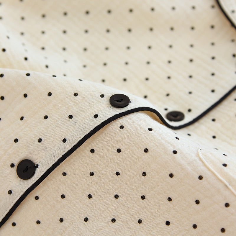 Women's Cute Polka Dot 100% Cotton Crepe Long-sleeved Trousers Two-piece Pajama Set