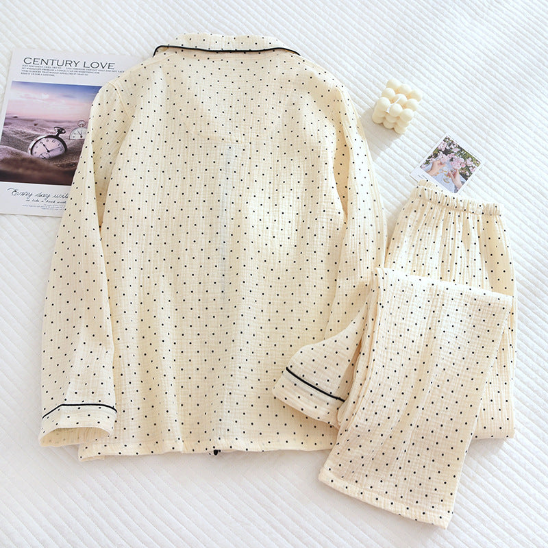 Women's Cute Polka Dot 100% Cotton Crepe Long-sleeved Trousers Two-piece Pajama Set