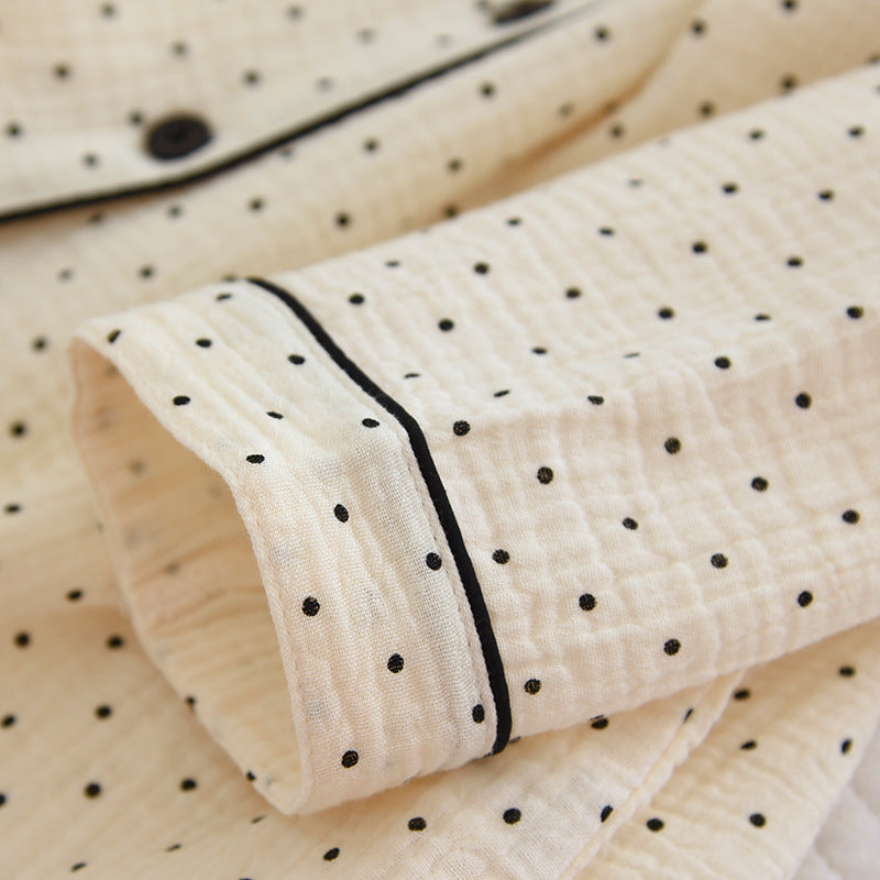 Women's Cute Polka Dot 100% Cotton Crepe Long-sleeved Trousers Two-piece Pajama Set