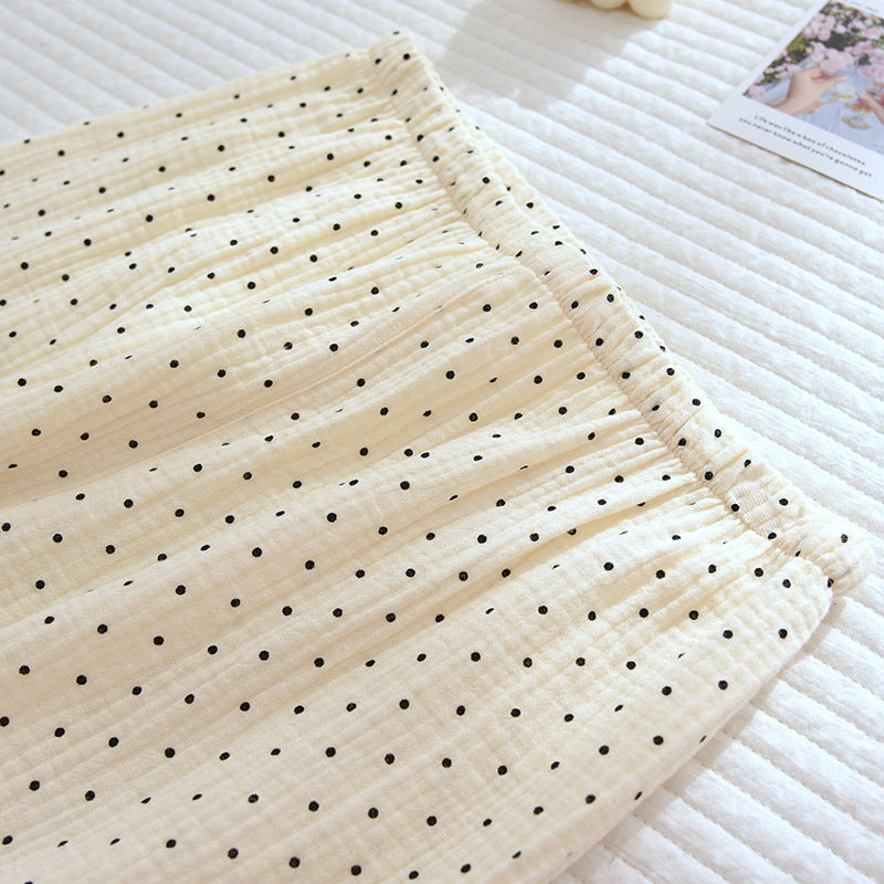 Women's Cute Polka Dot 100% Cotton Crepe Long-sleeved Trousers Two-piece Pajama Set