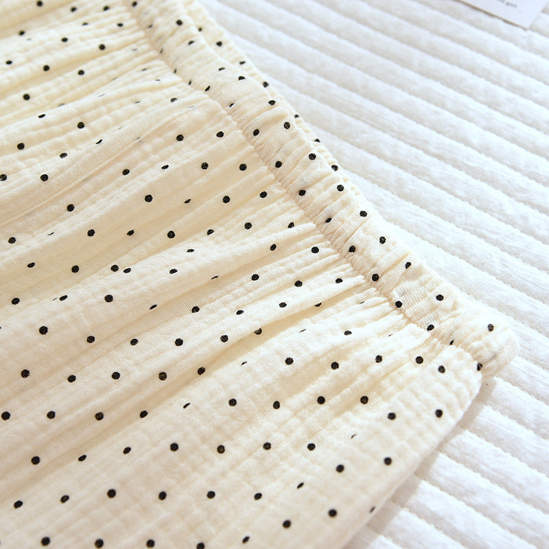 Women's Cute Polka Dot 100% Cotton Crepe Long-sleeved Trousers Two-piece Pajama Set