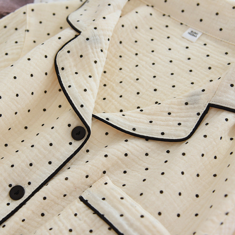Women's Cute Polka Dot 100% Cotton Crepe Long-sleeved Trousers Two-piece Pajama Set