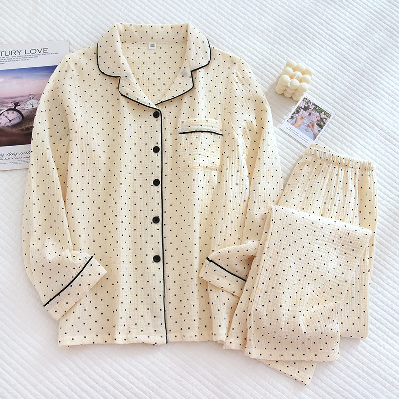 Women's Cute Polka Dot 100% Cotton Crepe Long-sleeved Trousers Two-piece Pajama Set