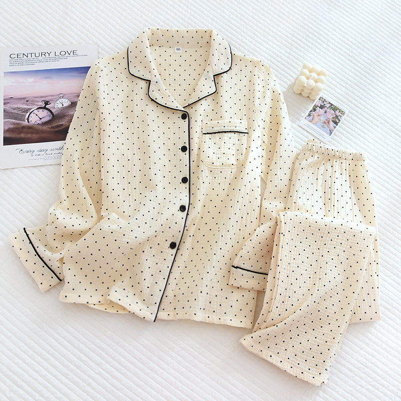 Women's Cute Polka Dot 100% Cotton Crepe Long-sleeved Trousers Two-piece Pajama Set