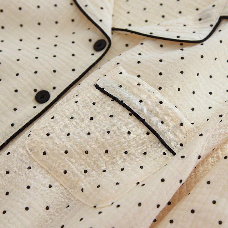 Women's Cute Polka Dot 100% Cotton Crepe Long-sleeved Trousers Two-piece Pajama Set