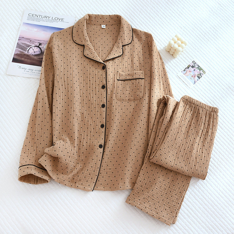 Women's Cute Polka Dot 100% Cotton Crepe Long-sleeved Trousers Two-piece Pajama Set