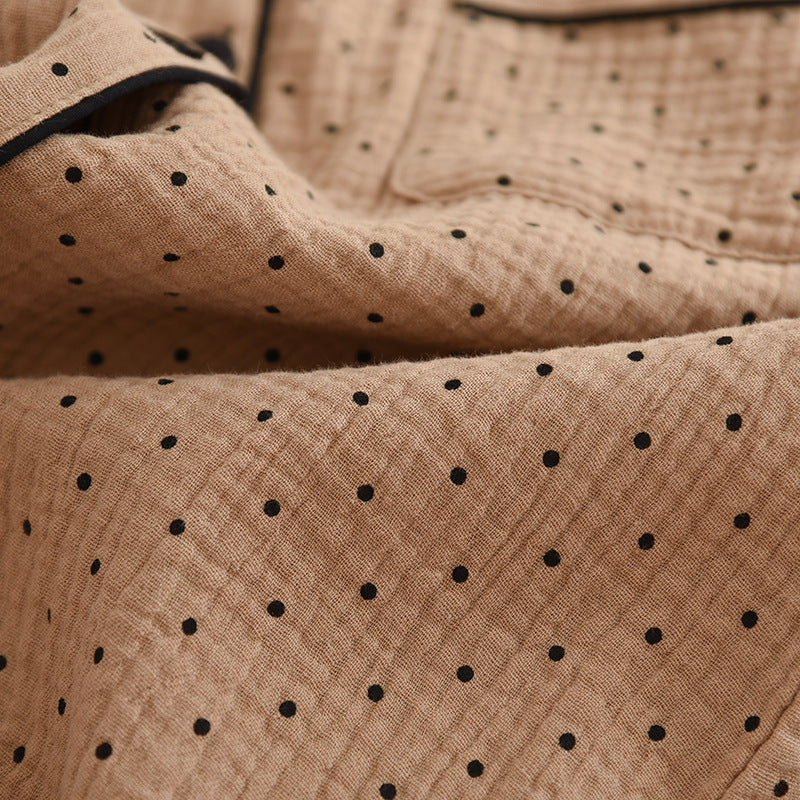 Women's Cute Polka Dot 100% Cotton Crepe Long-sleeved Trousers Two-piece Pajama Set