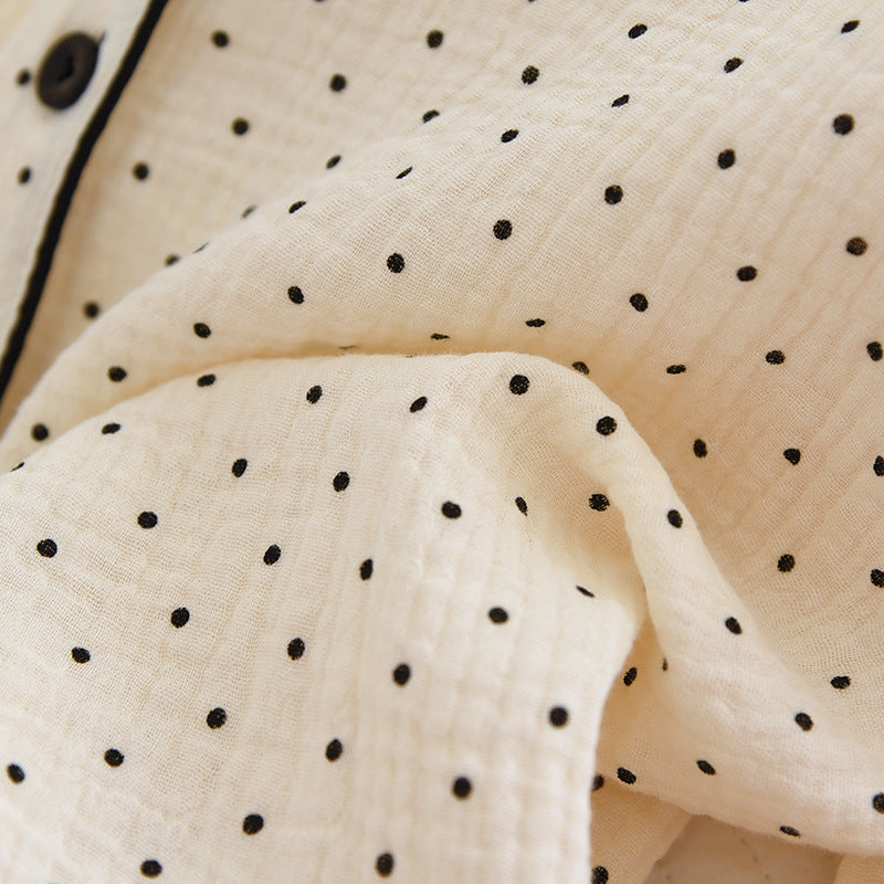 Women's Cute Polka Dot 100% Cotton Crepe Long-sleeved Trousers Two-piece Pajama Set