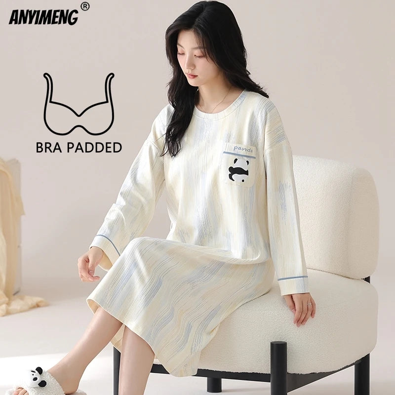Women Long Nightgowns Pullover Loose Bra Padded Cotton Sleepshirt
