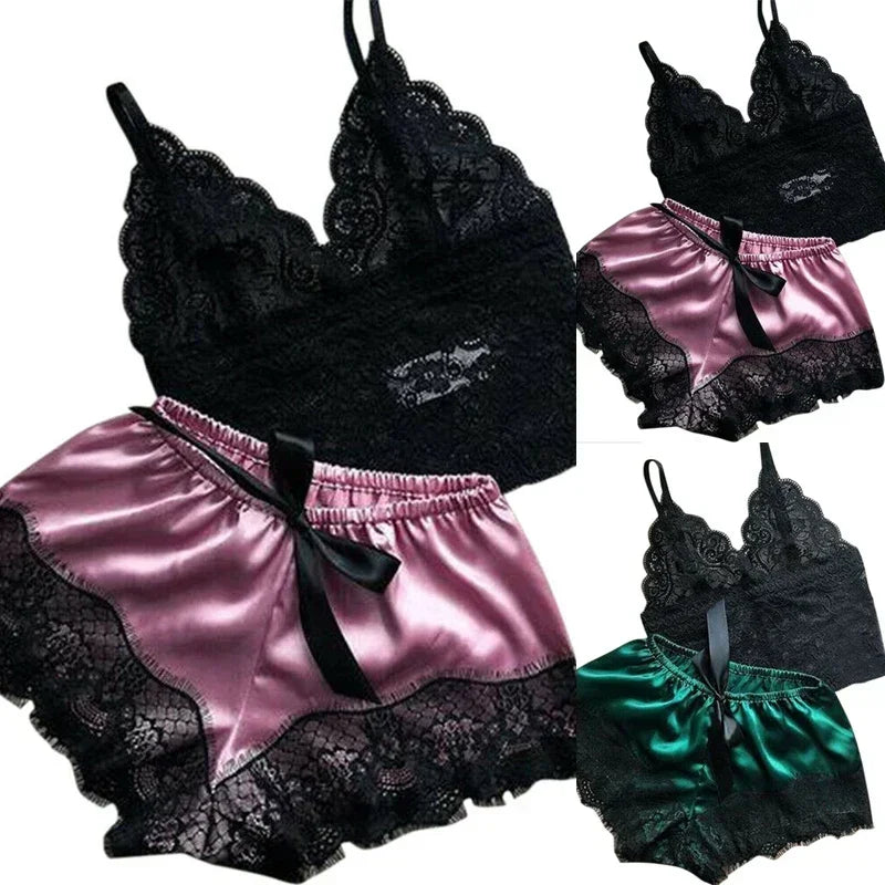 Sexy Lace Neck-line Lingerie Sleeveless V-Neck Tops and Shorts Sets Nightwear