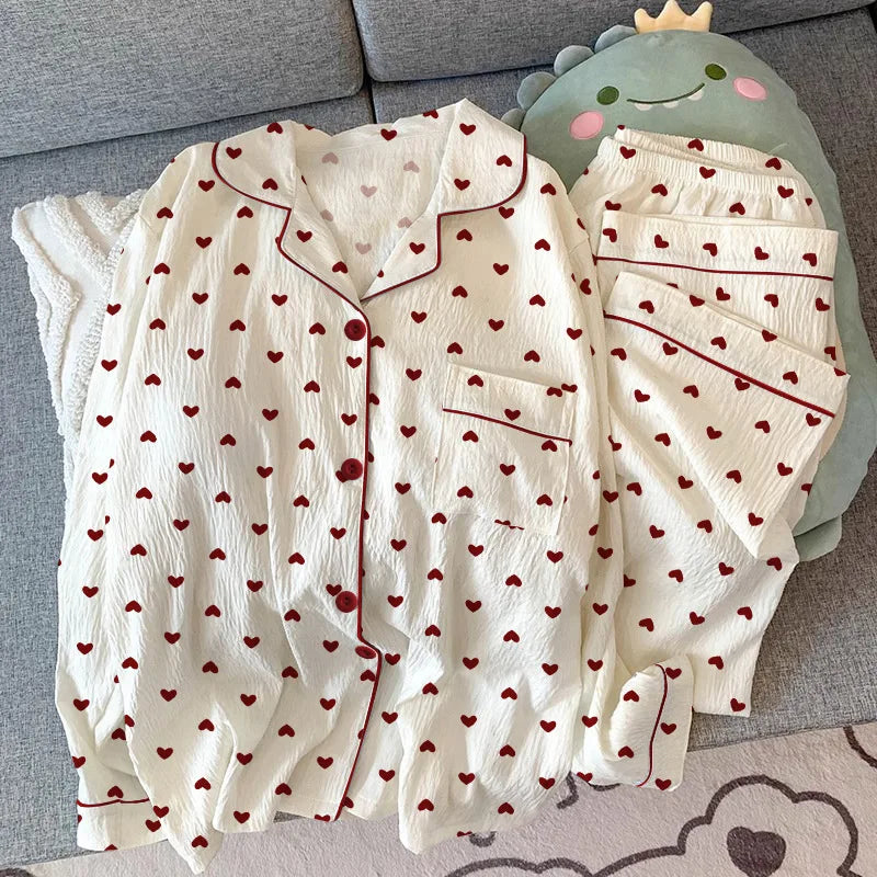 Women's Pajamas Loungewear Girl Love Cardigan Pajamas Crinkled Fabric Loungewear Long Sleeve Set