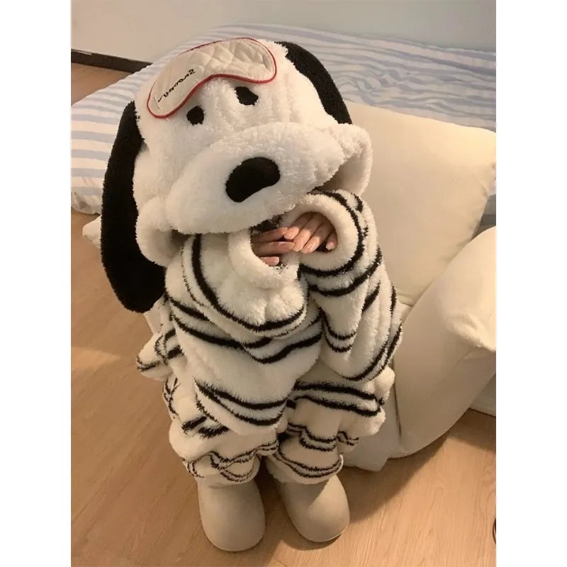 Cute Girl Cartoon Puppy Hooded Coral Fleece Loungewear Set