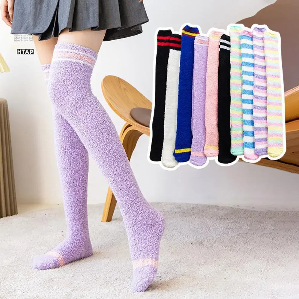 Fuzzy Fleece Over Knee Socks Plush Cozy Lined Terry Socks