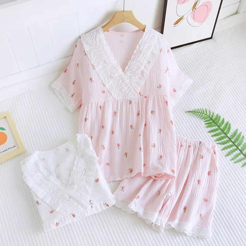 Short-sleeved Short Two-piece Set 100% Cotton Crepe V-neck