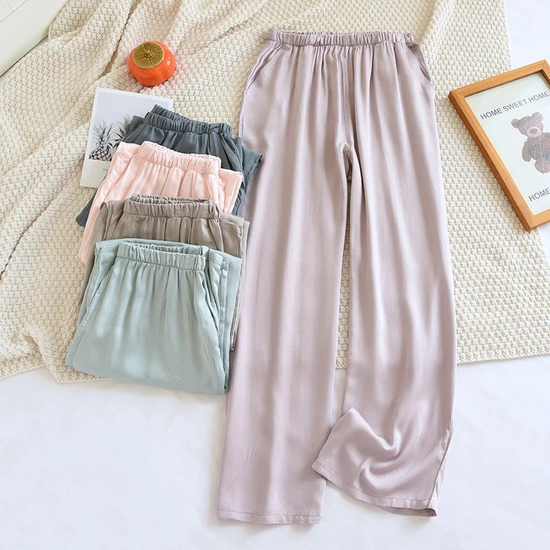 Loose Thin Solid Color Silk Satin Sleep Bottoms