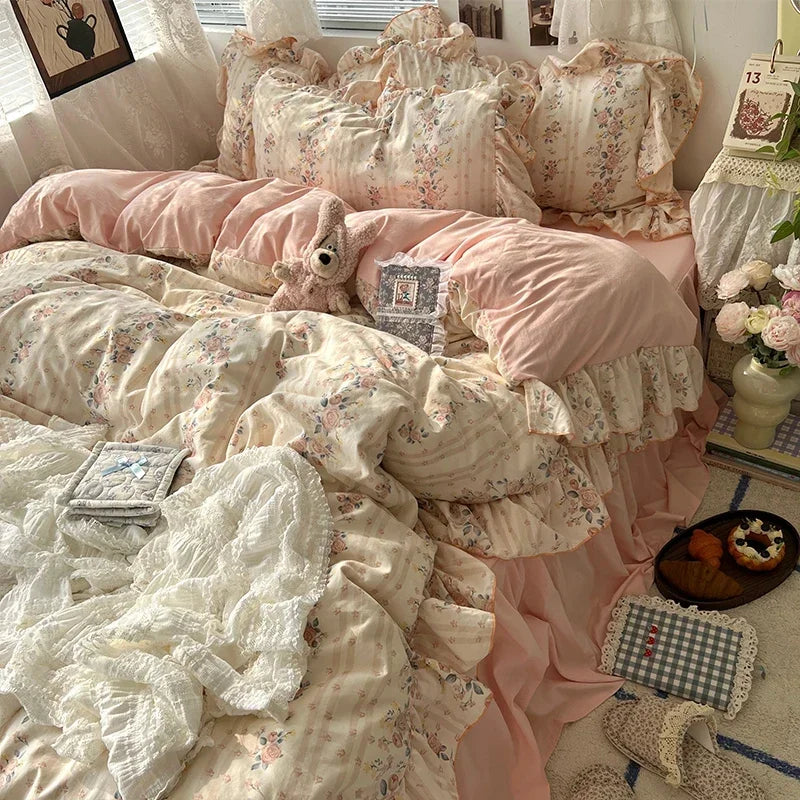 Princess Style Floral Ruffles Bedding Set Skin-friendly Soft Duvet Cover Set Bed Sheet Or Bed Skirt Pillowcases