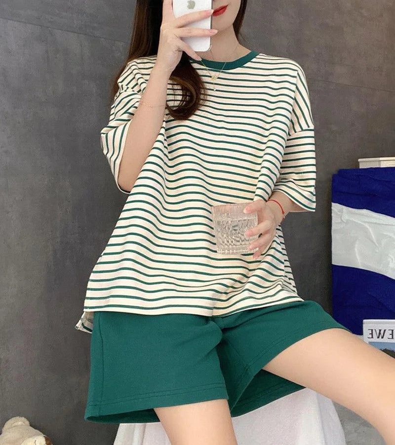 Oversized Women Striped Short Sleeve Shorts Two-piece with Self Chest Pads