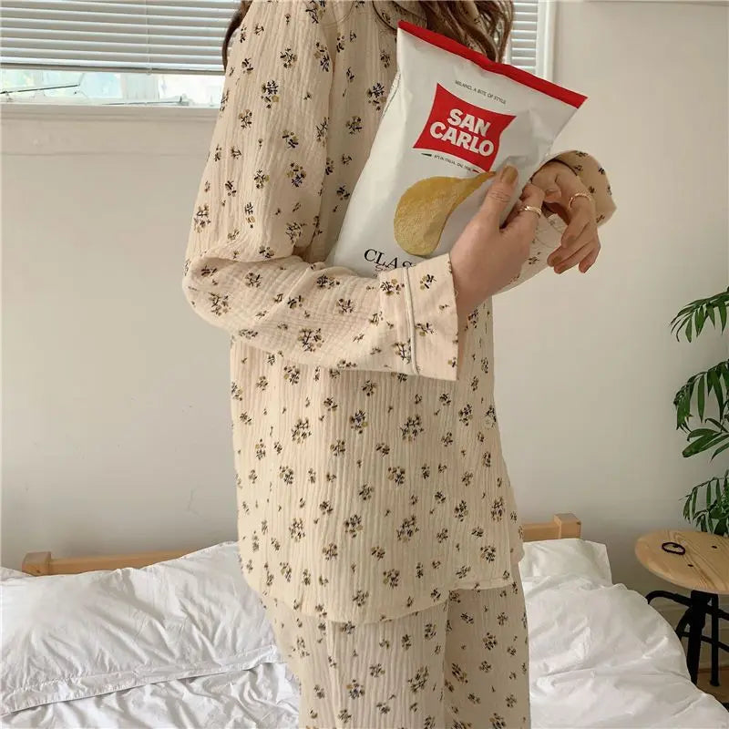 Long-Sleeved Rustic Style Floral Imitation Cotton Wrinkled Cloth Loose Pajamas