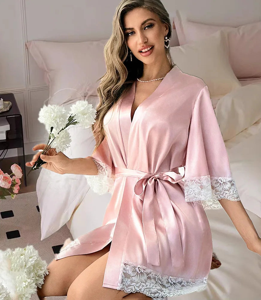 Ladies Elegant Satin Robe Lace Trim Kimono V Neck Belted Nightgown