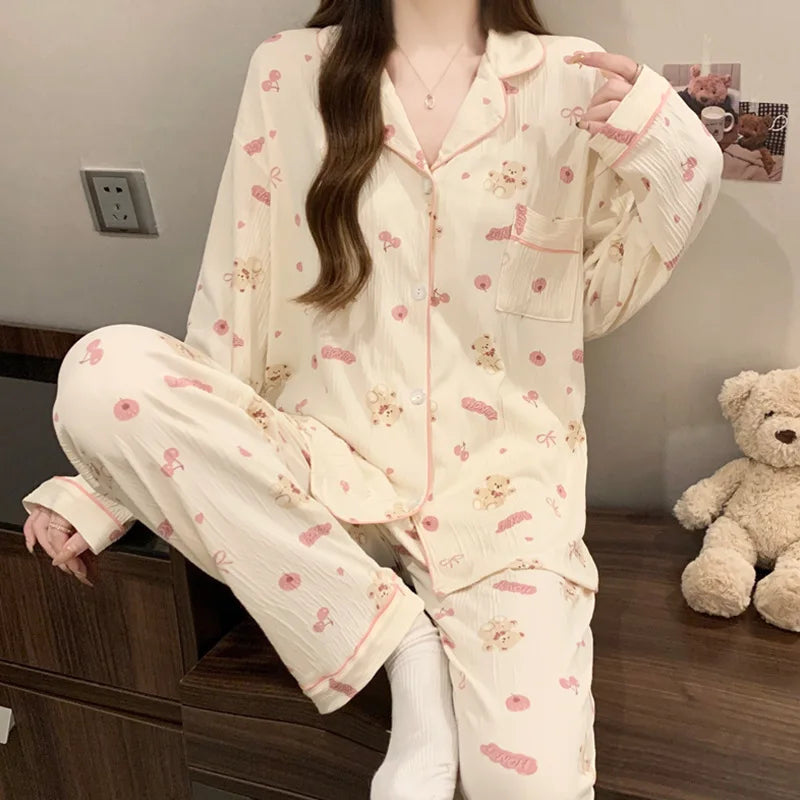 Women's Pajamas Loungewear Girl Love Cardigan Pajamas Crinkled Fabric Loungewear Long Sleeve Set