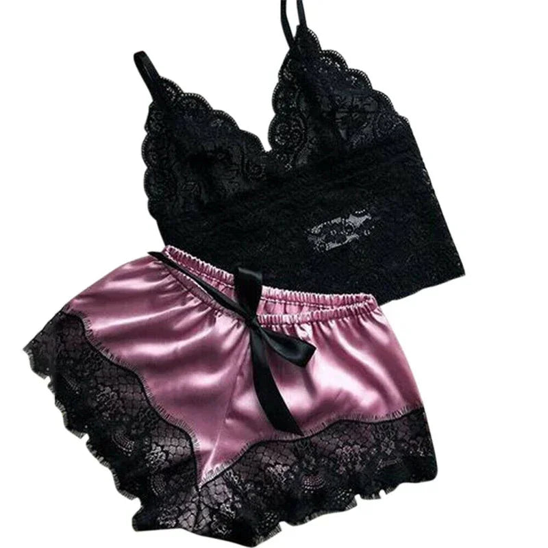 Sexy Lace Neck-line Lingerie Sleeveless V-Neck Tops and Shorts Sets Nightwear