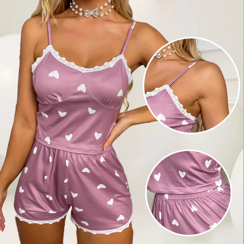 Two-Piece V-Neck Lace Printed Top and Shorts