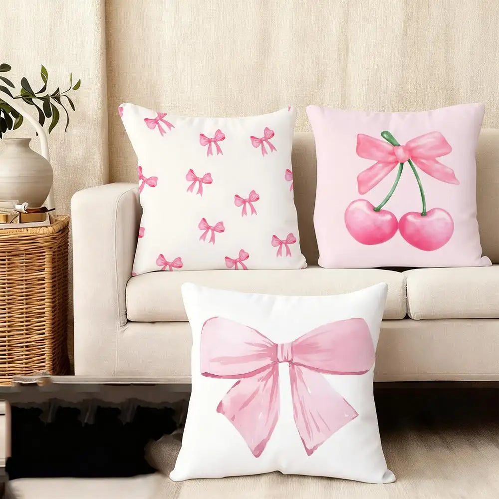 Pink Bow Cherry Cushion Cover Soft Plush Fabric Double-Sided