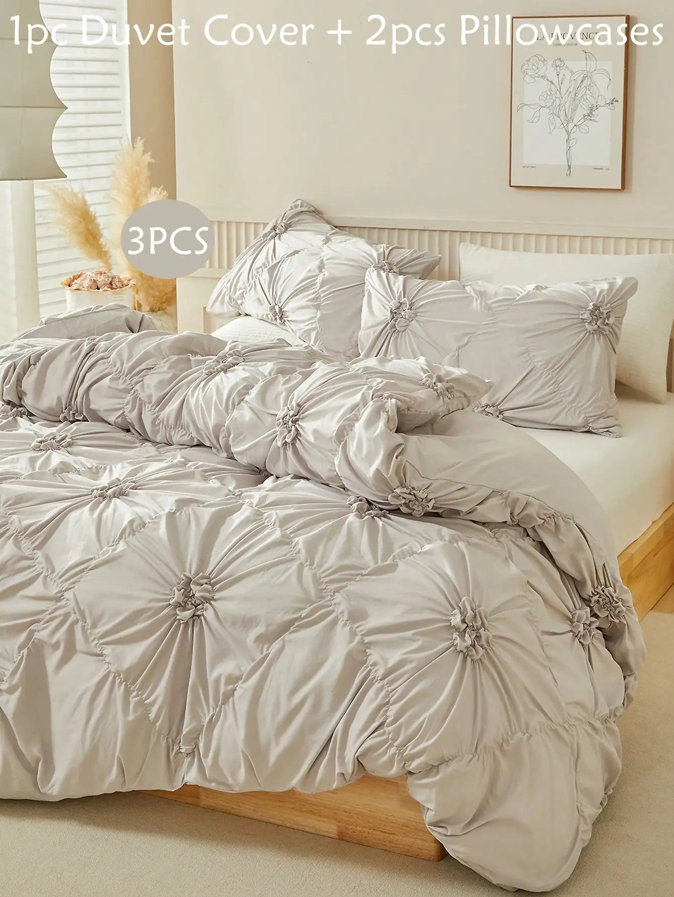Ruched Flower Design Duvet Cover Set with Pillowcases Polyester Bedding for All Seasons