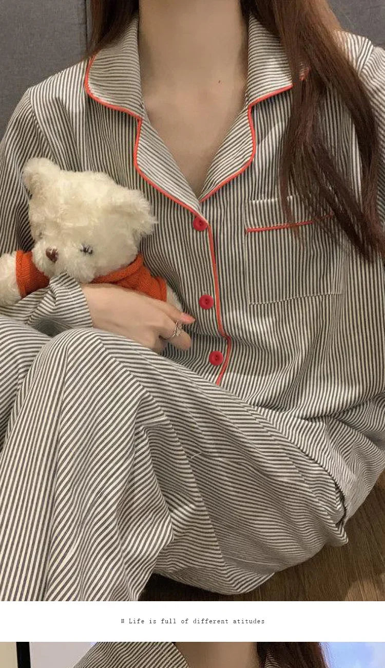 Loose Breathable Cardigan Gray Striped Fashion Loungewear