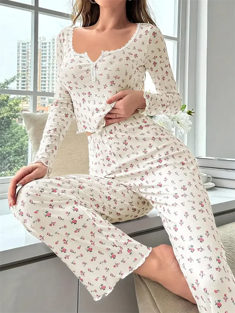 Ditsy Floral Apricot Soft Pajama Set Long Sleeve Top and Pants Loungewear