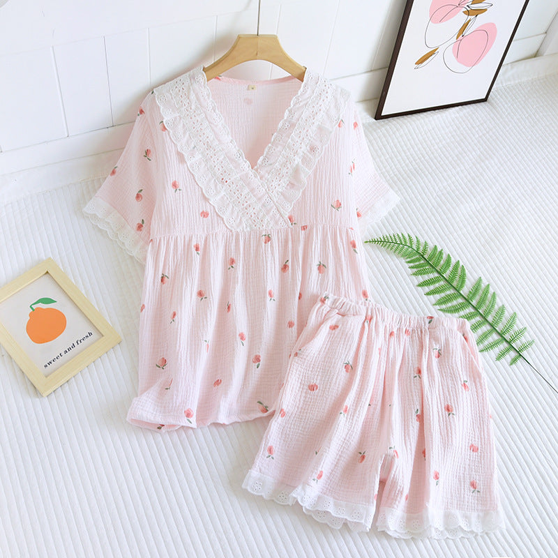 Short-sleeved Short Two-piece Set 100% Cotton Crepe V-neck