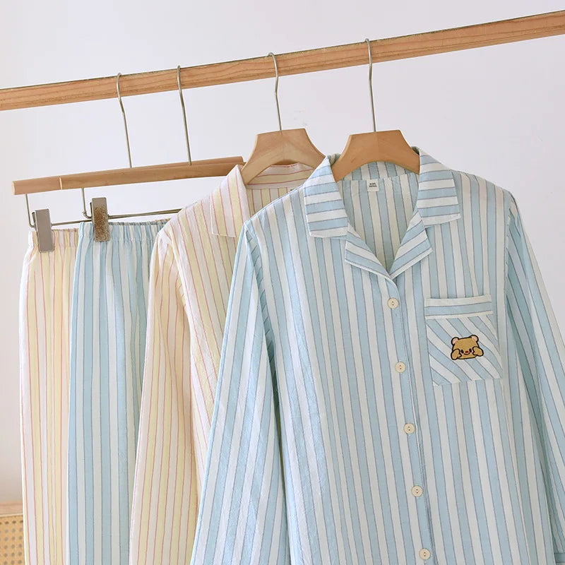 Japanese Style Women's Striped Pajama Set 100% Cotton Long Sleeve Long Pants Two Piece Set