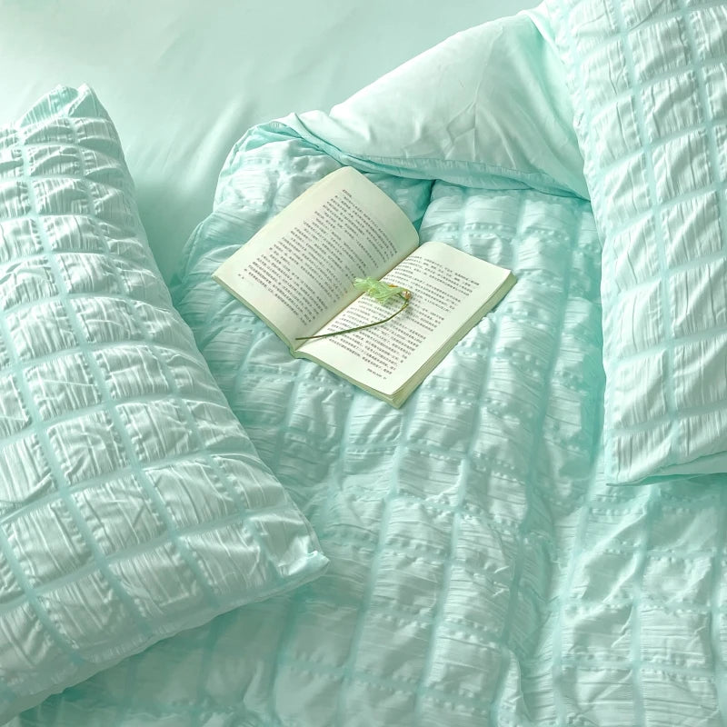Puffy Check Bubble Fabric Set Duvet Pillowcase Bedding Sheet Quilt Cover Set