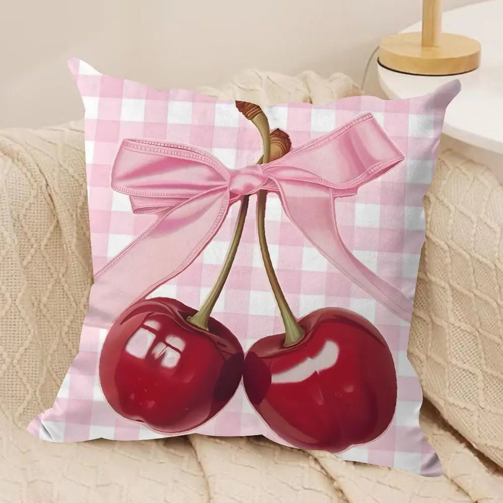 Pink Bow Cherry Cushion Cover Soft Plush Fabric Double-Sided
