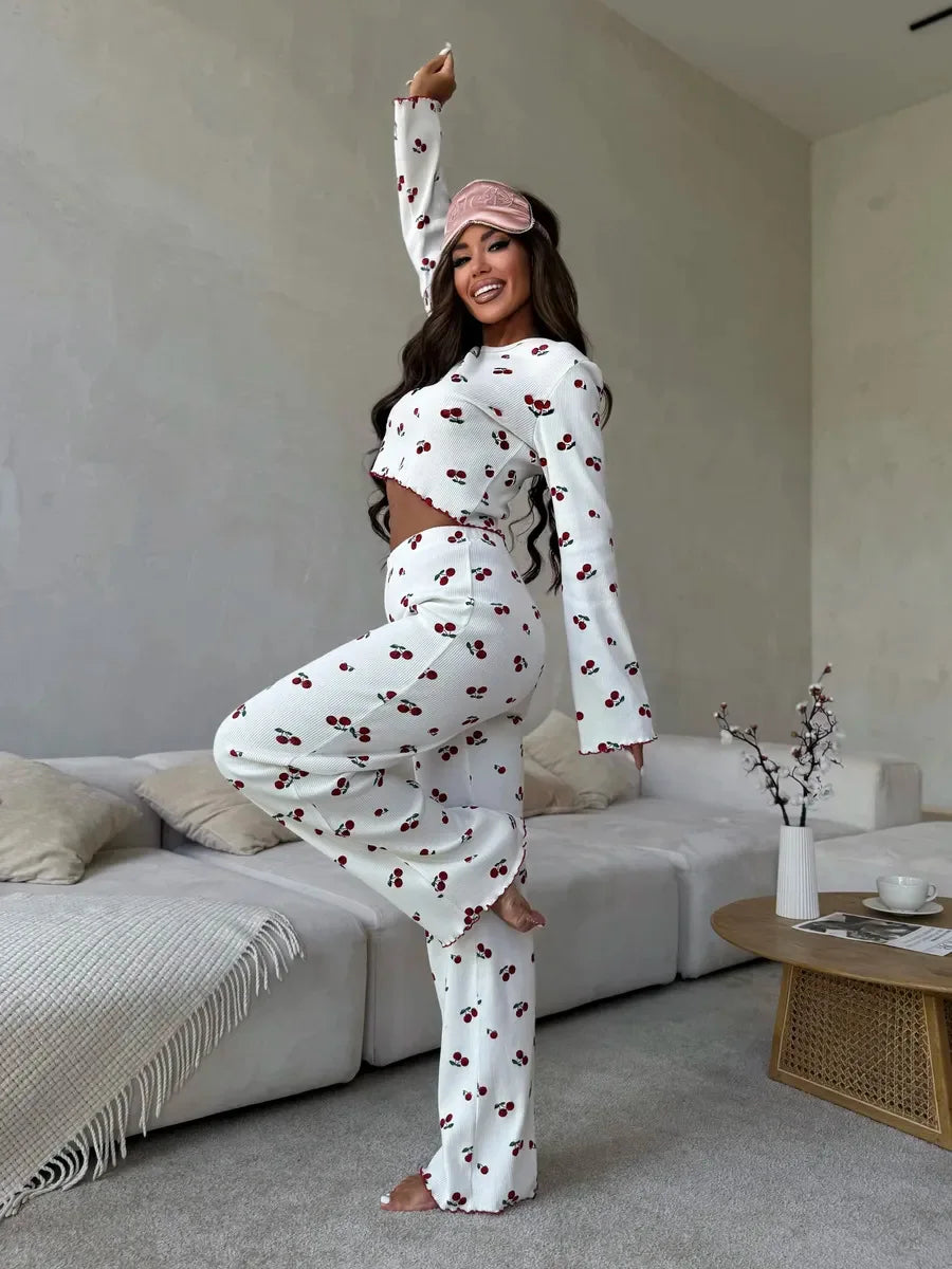 Y2K-Style Two-piece Cherry/Heart Print Cuffed-Long-Sleeve Tops and Long Trousers