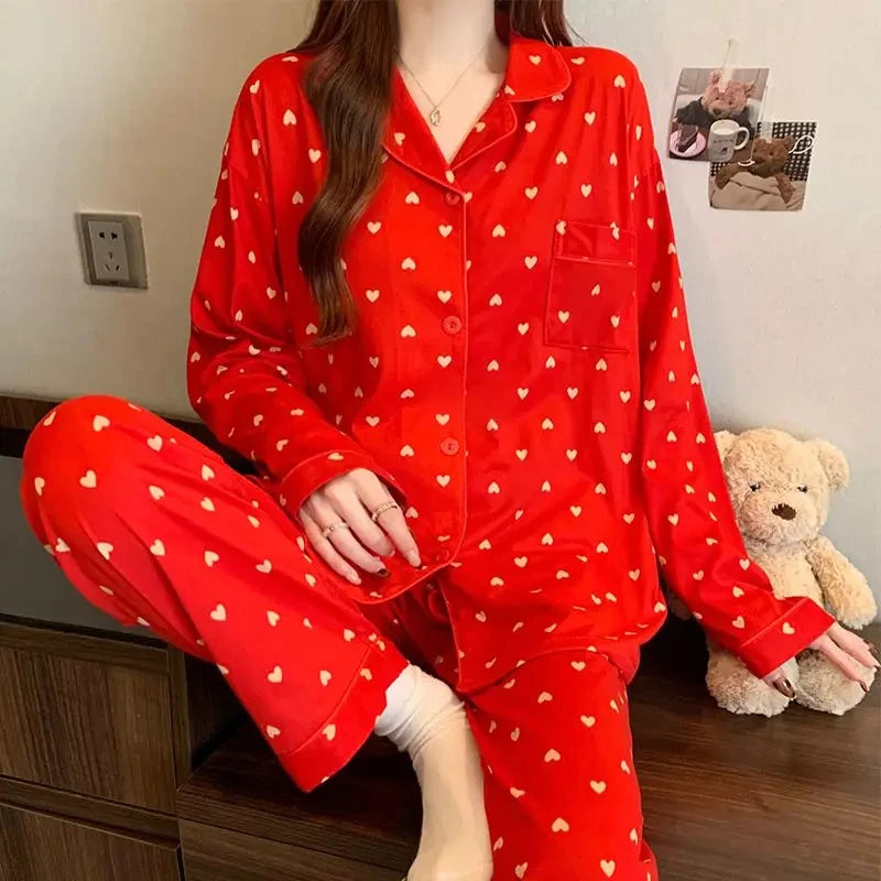 Cozy Heart Print Long Sleeve Pajama Set