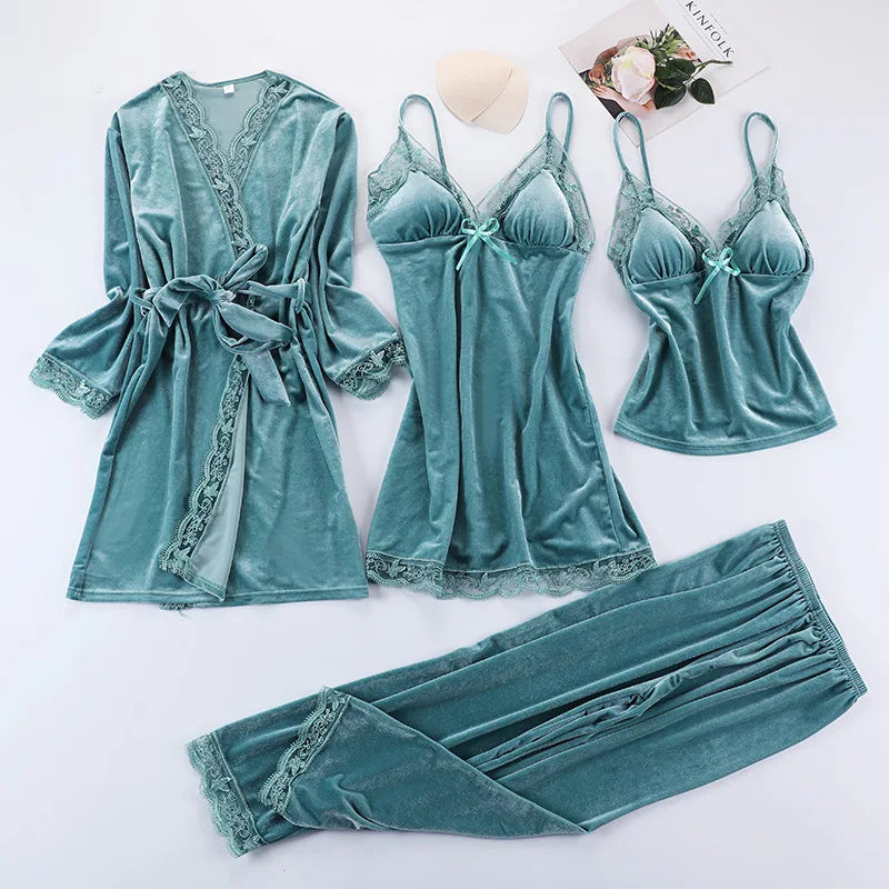 Lace Velvet 4 Pieces Women Warm Pajamas Sets With Pants Sexy Robe Sleepwear Sleeveless Nightwear