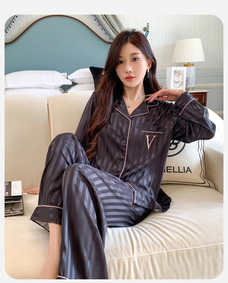 Women's Silk Pajama Set Long Sleeve Long Pants Lightweight Sleepwear for Comfortable Homewear Pj Set